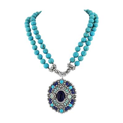 Turquoise 14K White Gold Turquoise Sapphires Diamonds Opals Necklace