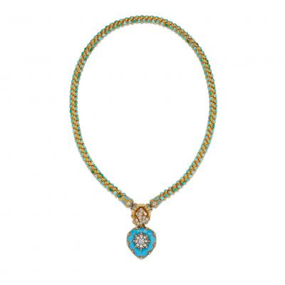 Turquoise Diamond and Enamel Serpent and Heart Locket Necklace