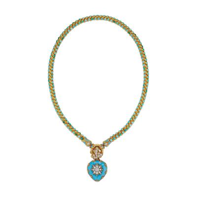 Turquoise Diamond and Enamel Serpent and Heart Locket Necklace