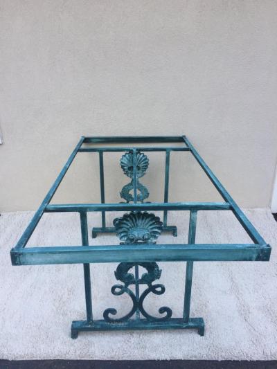 Turquoise Finish Aluminum Dolphin and Sea Shell Glass Top Dining Table