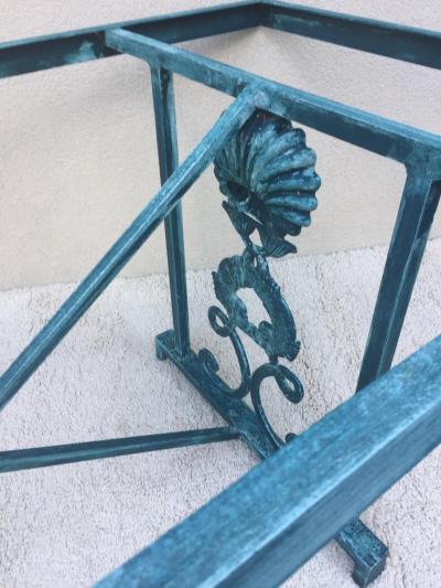 Turquoise Finish Aluminum Dolphin and Sea Shell Glass Top Dining Table