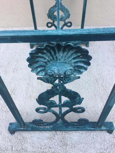 Turquoise Finish Aluminum Dolphin and Sea Shell Glass Top Dining Table