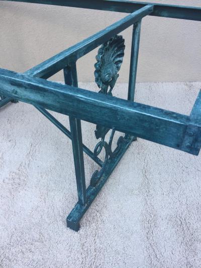 Turquoise Finish Aluminum Dolphin and Sea Shell Glass Top Dining Table