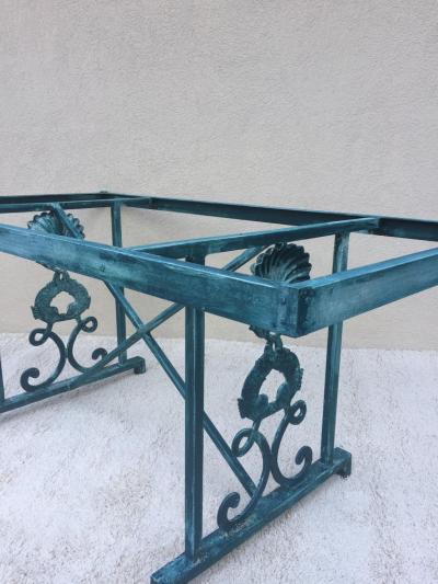 Turquoise Finish Aluminum Dolphin and Sea Shell Glass Top Dining Table