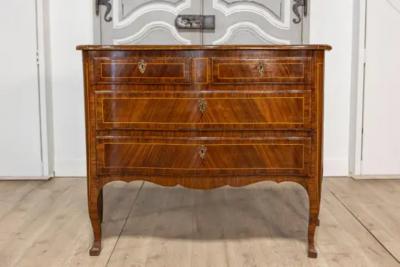 Tuscan 1890s Walnut and Mahogany Four Drawer Commode with Banding Inlay