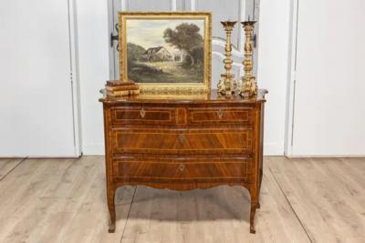 Tuscan 1890s Walnut and Mahogany Four Drawer Commode with Banding Inlay