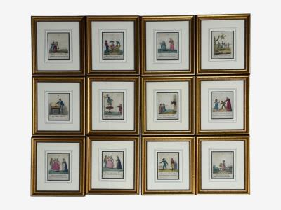 Twelve Copper Engravings Hand Coloured Gilt Frames England 1900s