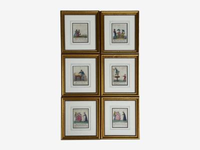 Twelve Copper Engravings Hand Coloured Gilt Frames England 1900s