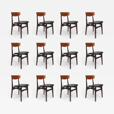 Twelve Danish Teak Dining Chairs in Black Leather