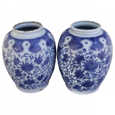 Two 17th century Dutch Delft Lotus Jars