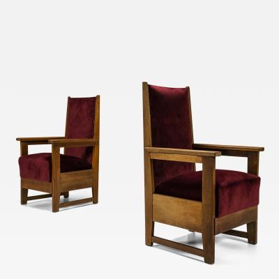 Two Amsterdam School High Back Chairs in Oak and Burgundy the Netherlands 1930s