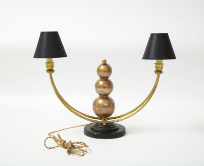 Two Arm Brass Table Lamp with Murano Glass Ball Stem