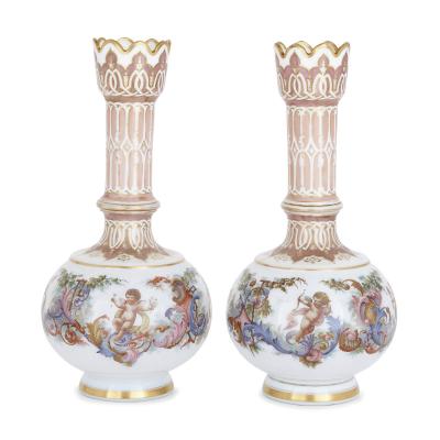 Two Bohemian opaline glass vases with painted cherub scenes