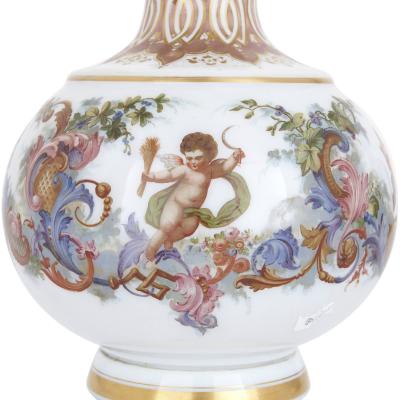 Two Bohemian opaline glass vases with painted cherub scenes