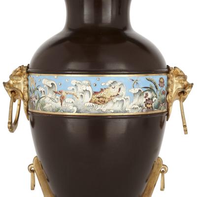Two Chinese style enamelled gilt and patinated bronze urns