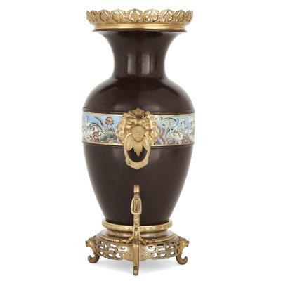 Two Chinese style enamelled gilt and patinated bronze urns