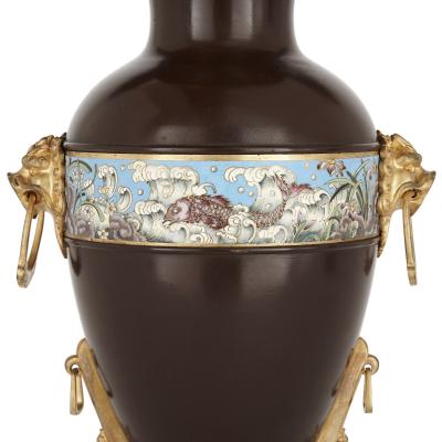 Two Chinese style enamelled gilt and patinated bronze urns