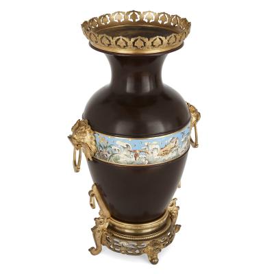 Two Chinese style enamelled gilt and patinated bronze urns