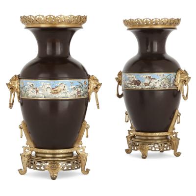 Two Chinese style enamelled gilt and patinated bronze urns