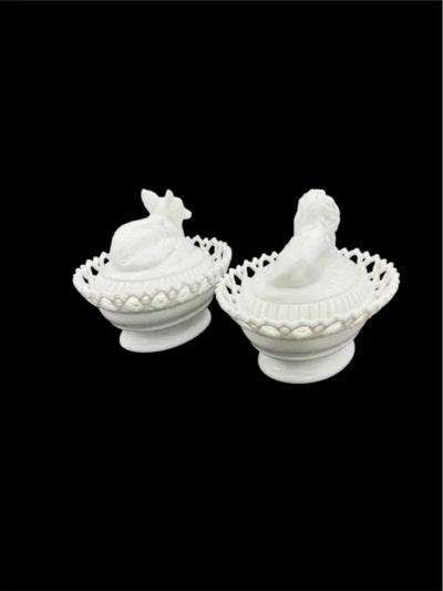 Two Figural Milk Glass Tureens