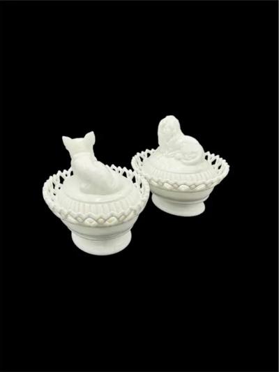 Two Figural Milk Glass Tureens