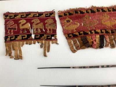 Two Framed Pre Columbian Textile Fragments and Tools