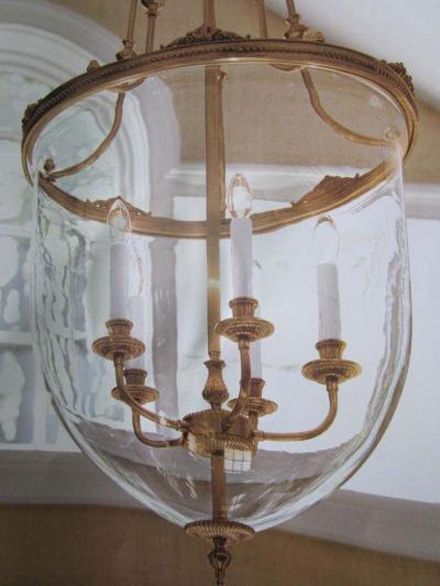 Two French Modern Neoclassical Style Brass and Blown Glass Chandeliers Lanterns