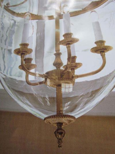 Two French Modern Neoclassical Style Brass and Blown Glass Chandeliers Lanterns