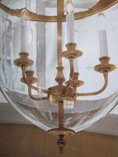 Two French Modern Neoclassical Style Brass and Blown Glass Chandeliers Lanterns