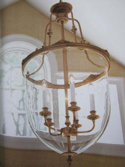 Two French Modern Neoclassical Style Brass and Blown Glass Chandeliers Lanterns
