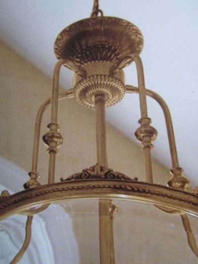 Two French Modern Neoclassical Style Brass and Blown Glass Chandeliers Lanterns
