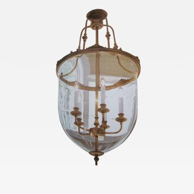Two French Modern Neoclassical Style Brass and Blown Glass Chandeliers Lanterns