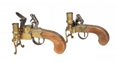 Two Georgian Brass And Iron Flintlock Pistol Form Tinder Lighters