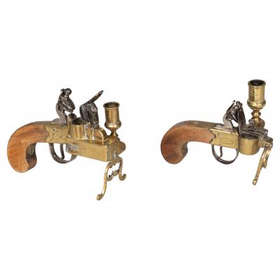 Two Georgian Brass And Iron Flintlock Pistol Form Tinder Lighters