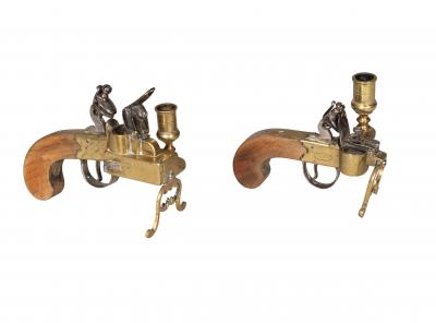 Two Georgian Brass And Iron Flintlock Pistol Form Tinder Lighters