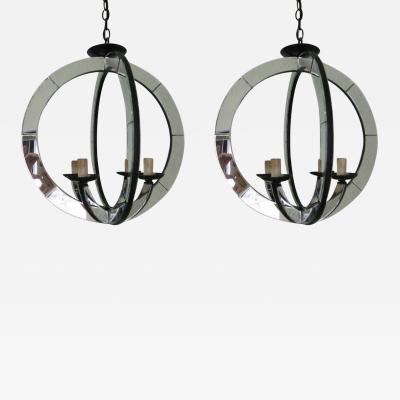 Two Italian Mid Century Modern Style Astrolabe Mirrored Pendants Chandeliers