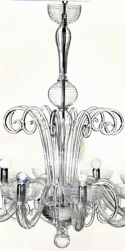 Two Italian Midcentury Style Clear Murano Venetian Glass Ten Arm Chandeliers