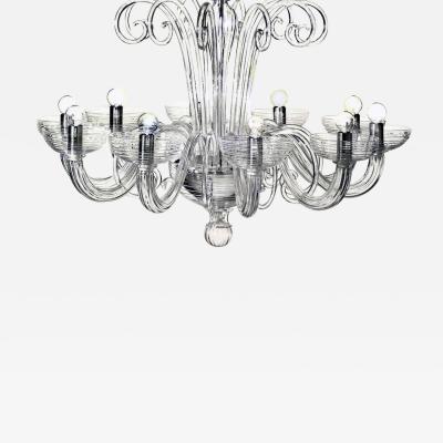 Two Italian Midcentury Style Clear Murano Venetian Glass Ten Arm Chandeliers