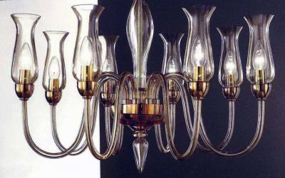 Two Italian Modern Neoclassical Amber Murano Glass Chandeliers with Glass Shades
