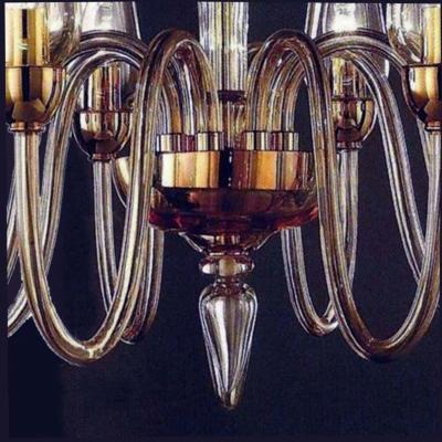 Two Italian Modern Neoclassical Amber Murano Glass Chandeliers with Glass Shades