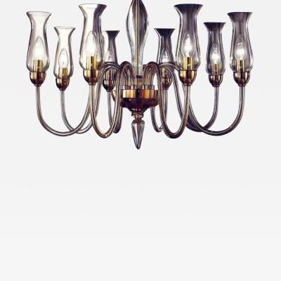 Two Italian Modern Neoclassical Amber Murano Glass Chandeliers with Glass Shades