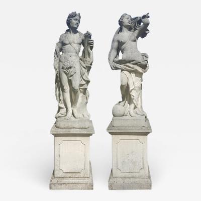 Two Italian Stone Garden Sculptures of Apollo and Roman Goddess
