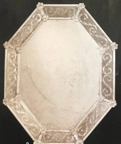 Two Large Antiqued and Etched Venetian Murano Glass Octagonal Wall Mirrors