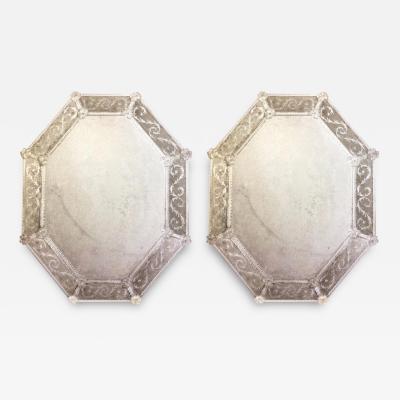 Two Large Antiqued and Etched Venetian Murano Glass Octagonal Wall Mirrors