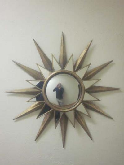 Two Large French Mid Century Modern Style Gilt Iron Mirrored Sunburst Mirrors