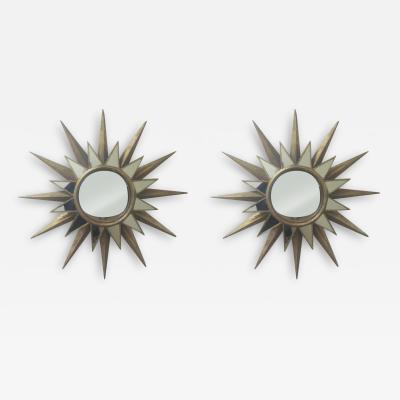 Two Large French Mid Century Modern Style Gilt Iron Mirrored Sunburst Mirrors