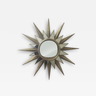 Two Large French Mid Century Modern Style Gilt Iron Mirrored Sunburst Mirrors