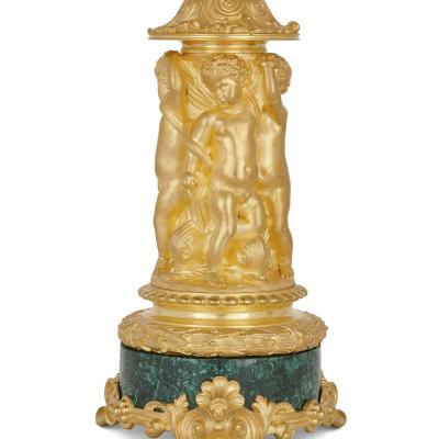 Two Neoclassical early 19th century malachite and gilt bronze candelabra