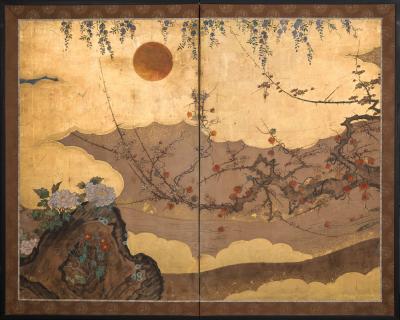 Two Panel Screen Beautifully Painted Sun Over Floral Lanscape with Gold Clouds