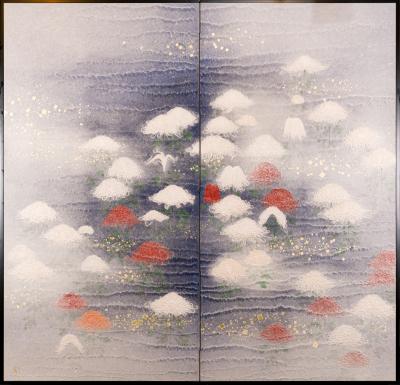 Two Panel Screen Chrysanthemums Through the Mist Rare Obara Paper Art Screen